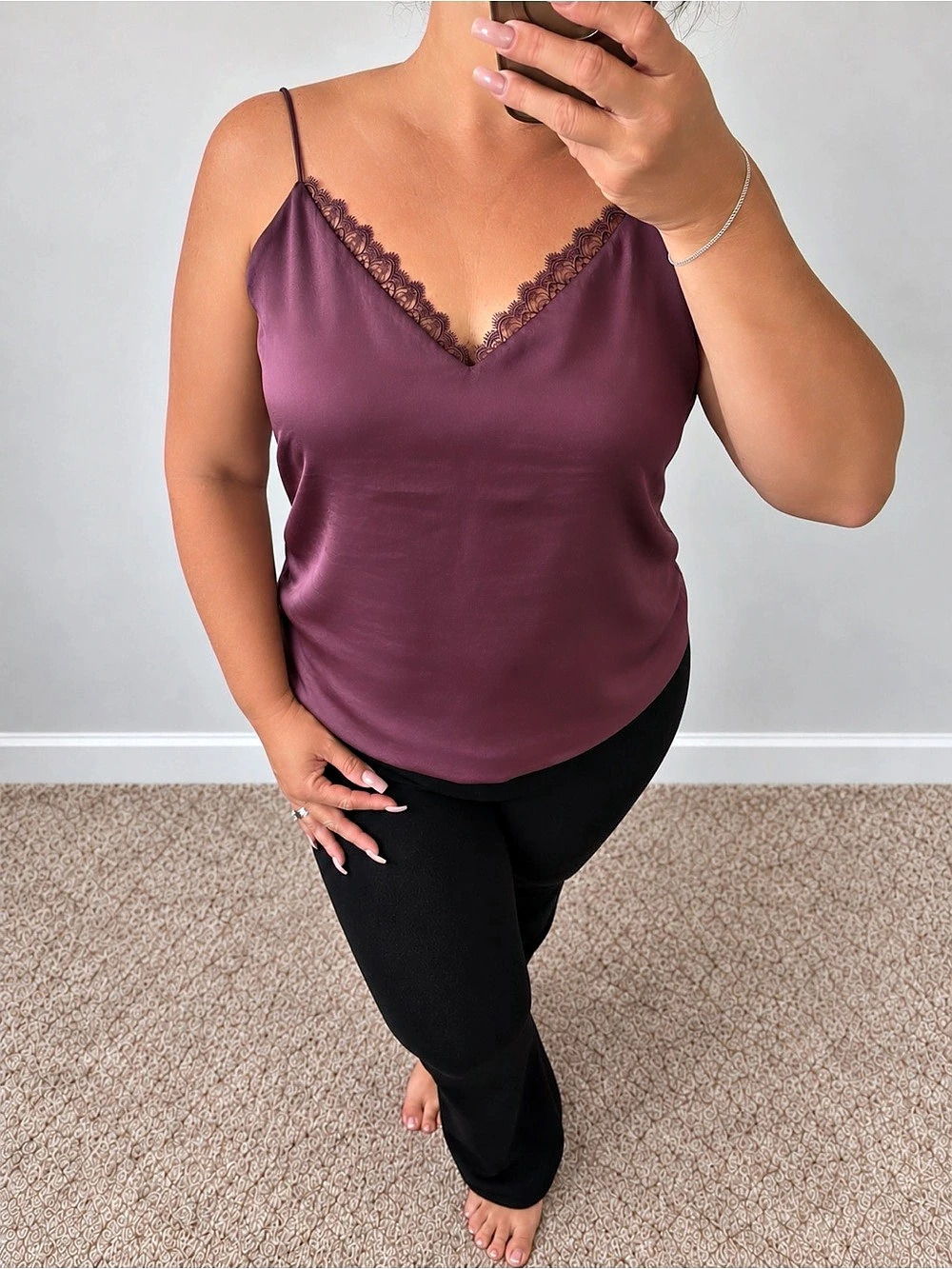 Express Satin Lace Trim V-Neck Cami Purple Size Lrg
